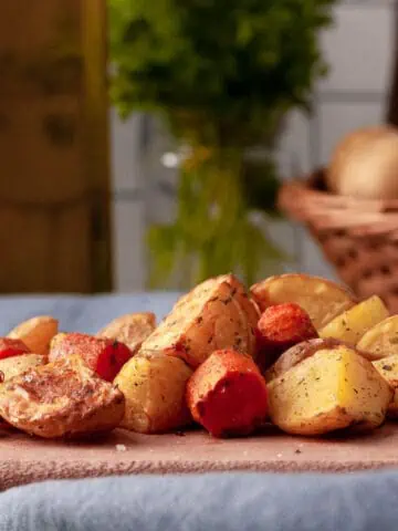 air fried potatoes and carrots on cutting board for serving